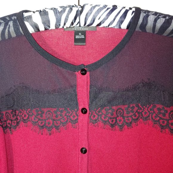 August Silk Heritage Buttons Cardigan Red wtih Black Sheer &  Lace Panel Size XL - Picture 5 of 8